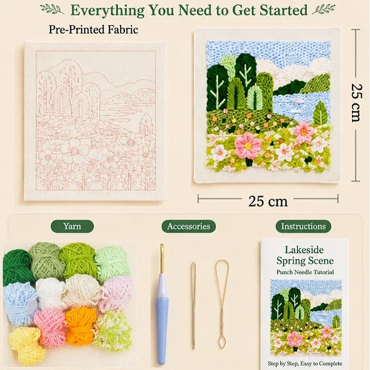 Cute Landscape Punch Needle Kit components including pre-printed fabric, colorful yarn, and tools.