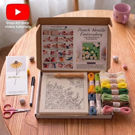 Calivra Craft Flower DIY punch needle embroidery material kit with colorful yarn and tools.