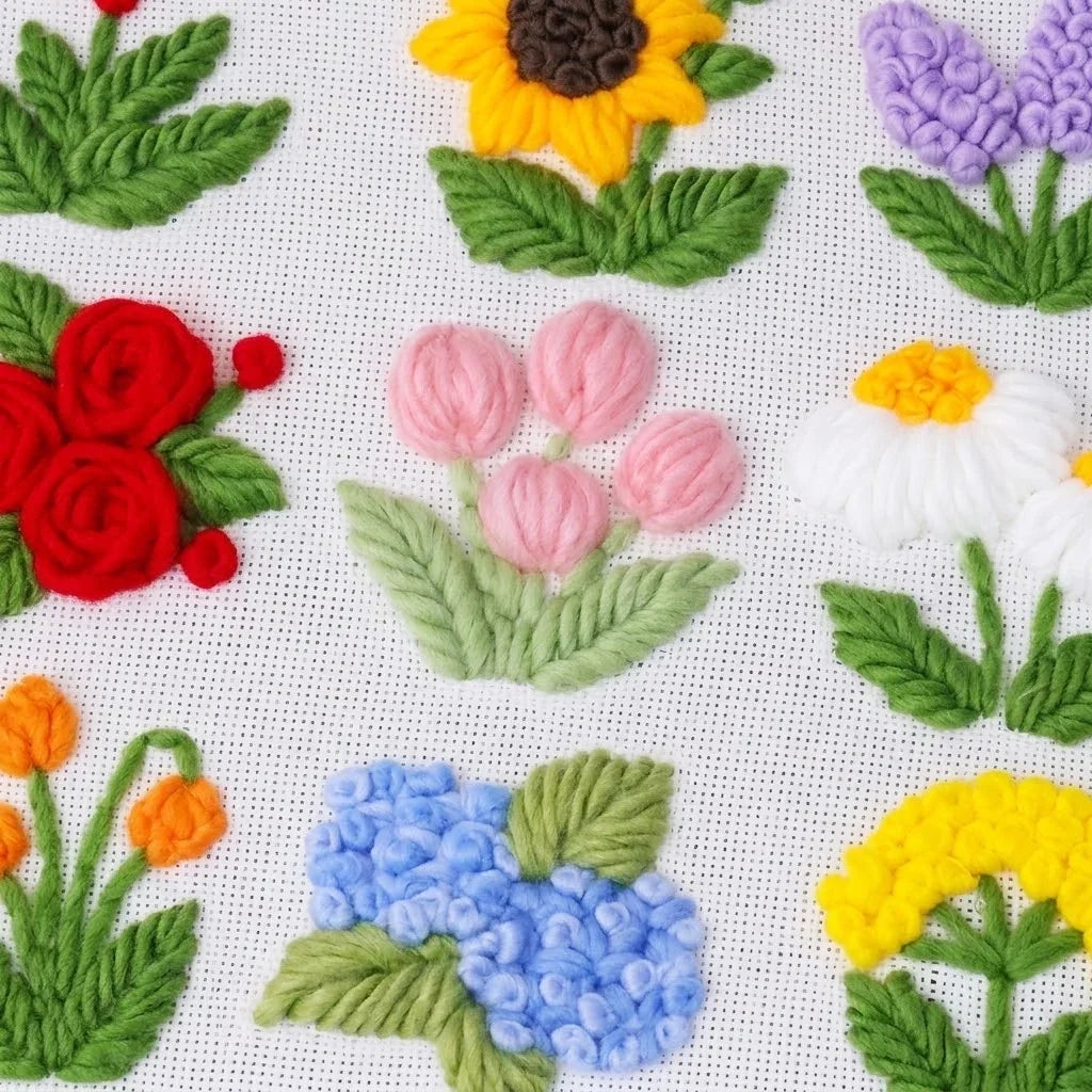 Colorful punch needle flower kits for beginners featuring various floral embroidery patterns.