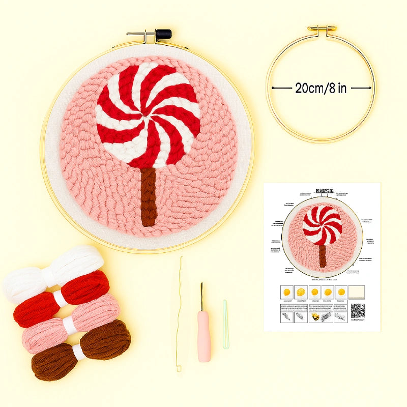 Illustrated stitch guide sheet with full step-by-step instructions
Complete thread bundle
A square of cotton fabric featuring the pattern
1 embroidery hoop(20 cm diameter)
Punch needle: A special needle with a hollow shaft and a tip that can accommodate embroidery floss or yarn.