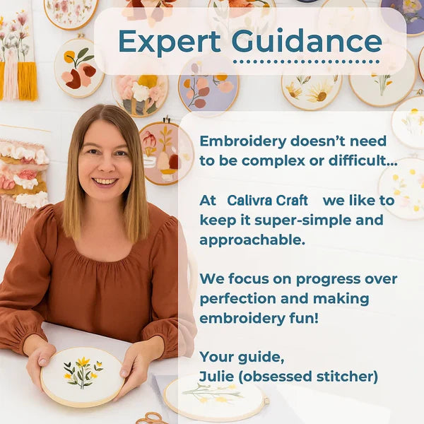 Woman holding an embroidery project with text about Calivra Craft's approach to embroidery.
