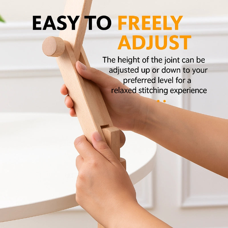 Wooden sewing machine foot being adjusted by hands with text about adjustability.