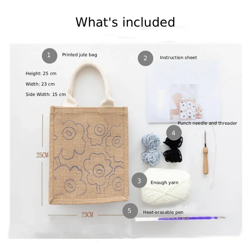 Punch needle embroidery kit featuring a printed jute bag, yarn, and tools.