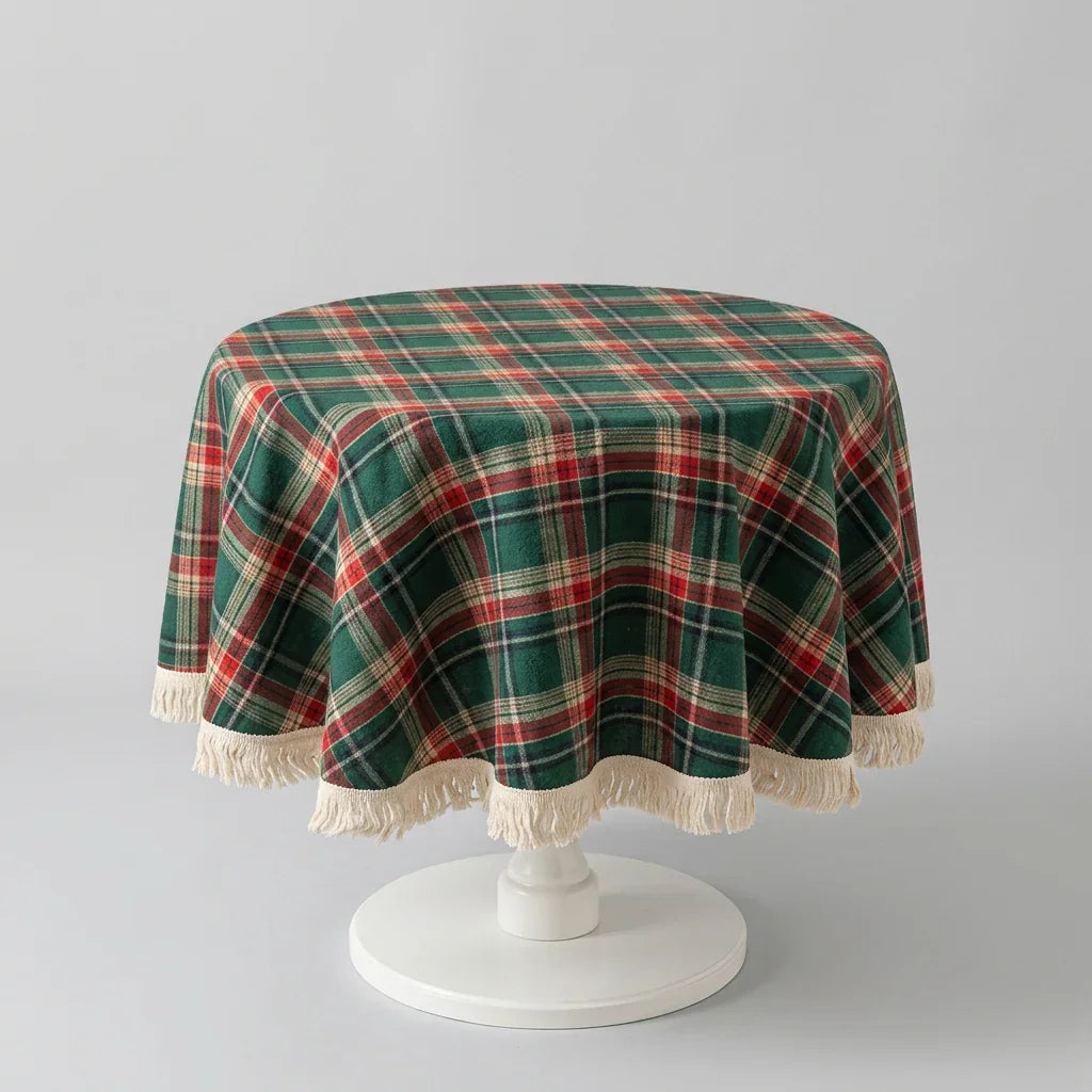 Calivra Craft Christmas plaid round tablecloth with white fringe on a white pedestal table.
