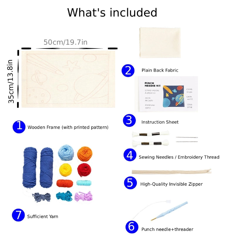 List of items included in a punch needle kit with measurements and descriptions.