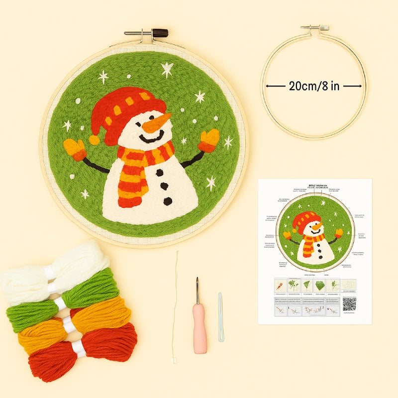 Illustrated stitch guide sheet with full step-by-step instructions
Complete thread bundle
A square of cotton fabric featuring the pattern
1 embroidery hoop( 20cm diameter)
1 Punch needle: A special needle with a hollow shaft and a tip that can accommodate embroidery floss or yarn.