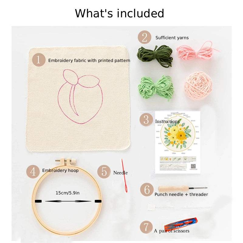 Embroidery kit with fabric, yarns, hoop, needle, punch needle, threader, and scissors on a white background.