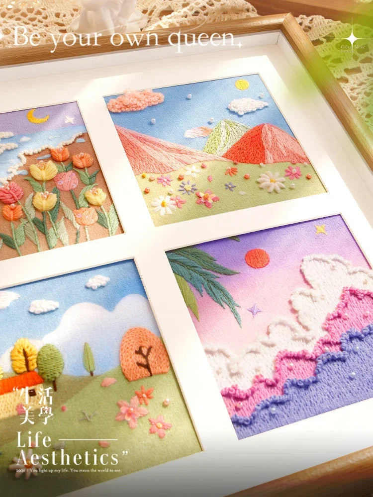 Four landscape DIY embroidery painting kits featuring colorful nature scenes by Calivra Craft
