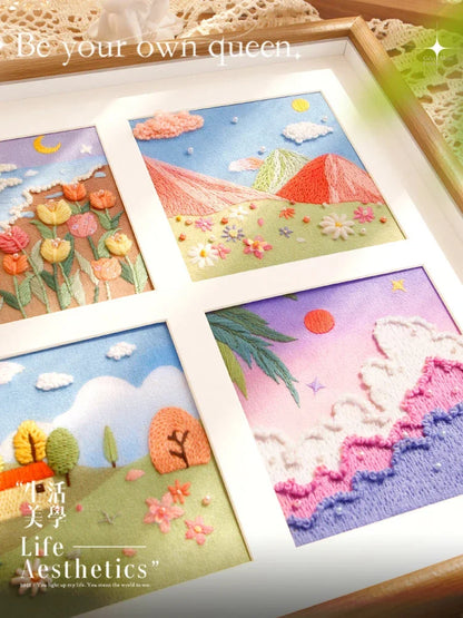 Four landscape DIY embroidery painting kits featuring colorful nature scenes by Calivra Craft