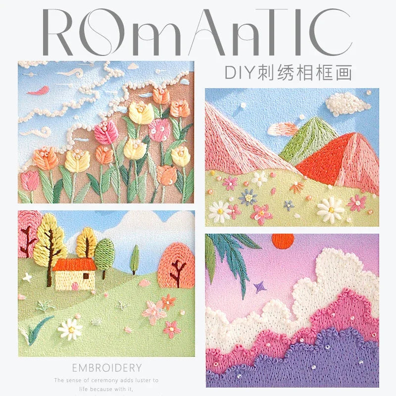 Landscape DIY embroidery painting material kit featuring colorful floral and mountain scenes.
