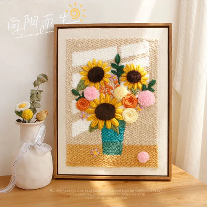 Cozy Window Sunflower Punch Needle Kit by Calivra Craft in a wooden frame.