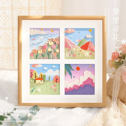 Four landscape DIY embroidery painting kits in a wooden frame by Calivra Craft.