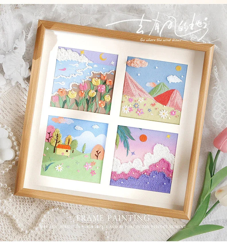 Four landscape DIY embroidery painting material kits in a wooden frame.