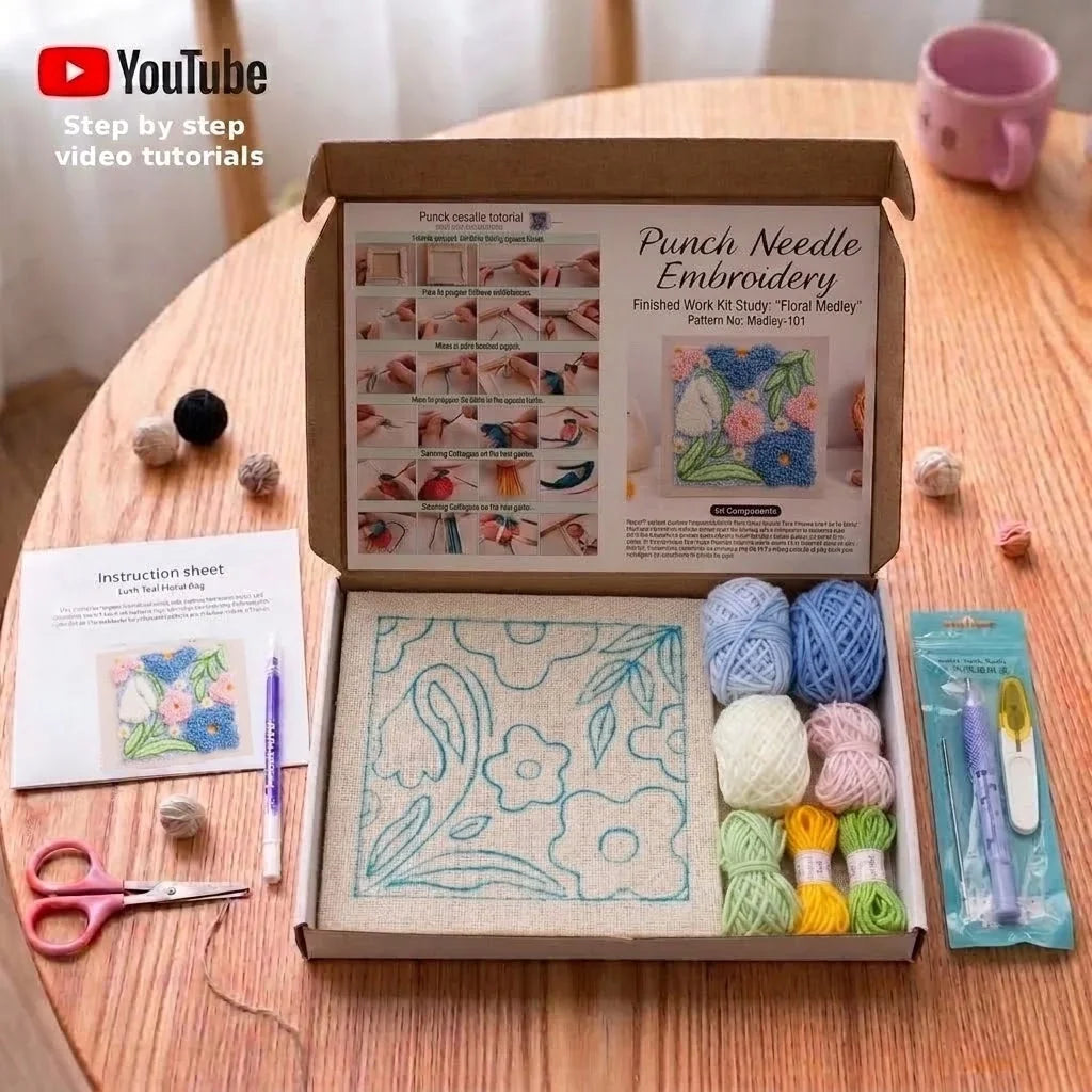 Flower DIY punch needle embroidery kit with yarn, needle, and floral pattern fabric.