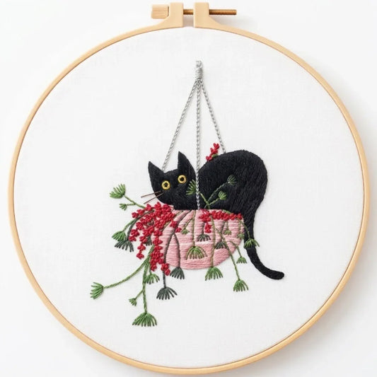 Hand embroidery of a black cat resting in a pink basket with red berries and green leaves.