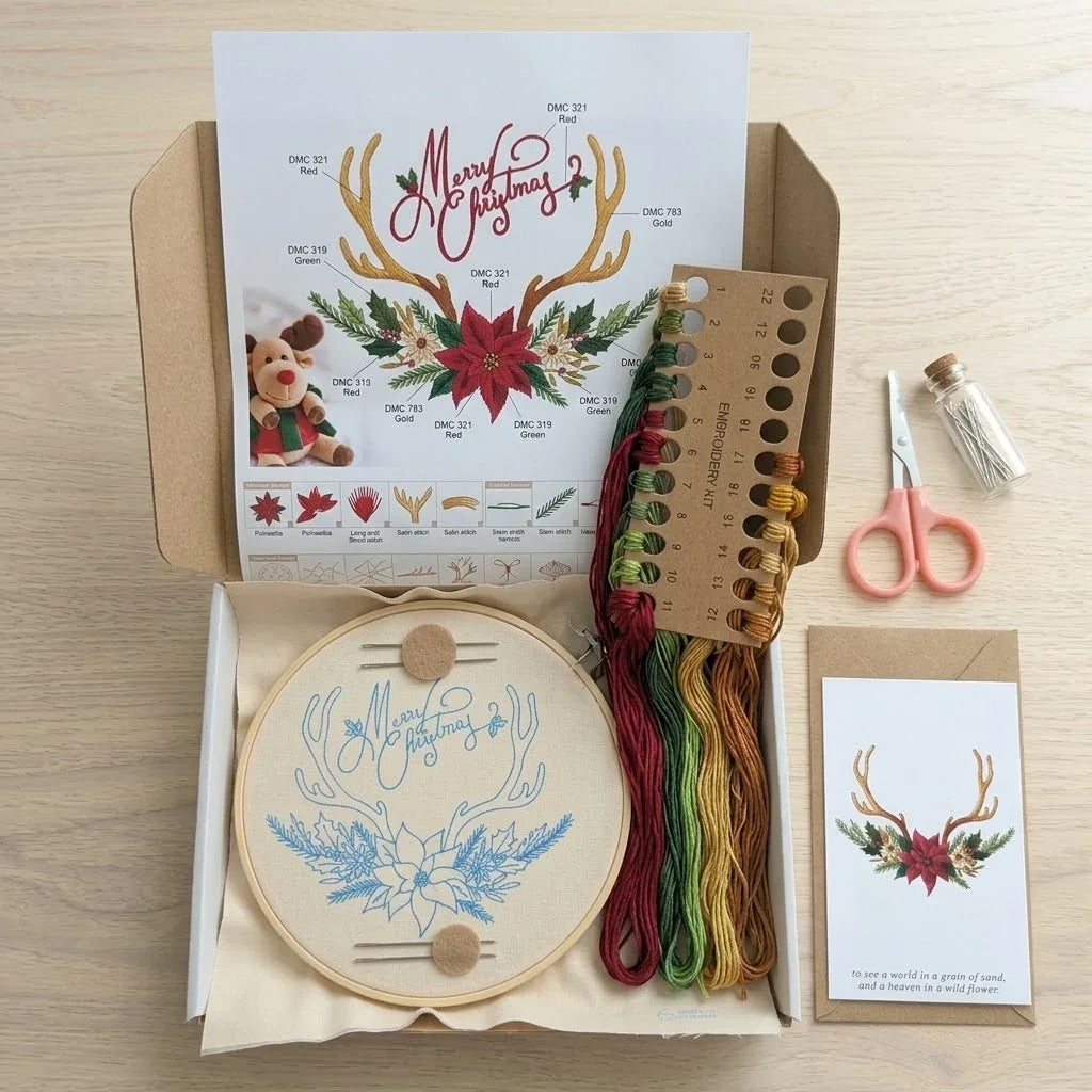 Merry Christmas embroidery kit with colorful thread, hoop, scissors, and pattern guide.