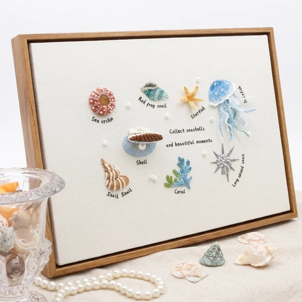 Ocean DIY fabric embroidery kit featuring colorful sea creatures like starfish, jellyfish, and coral.