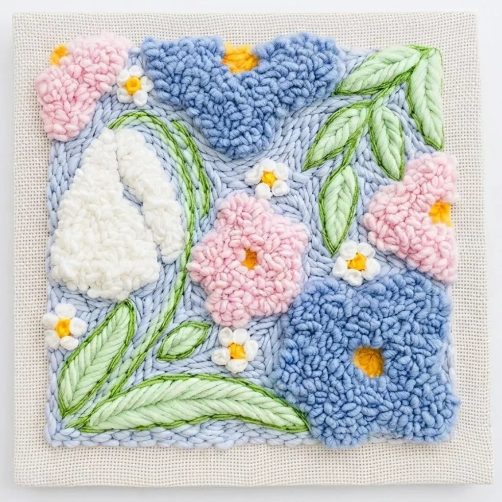 Flower DIY punch needle embroidery kit featuring pink, blue, and white floral designs.