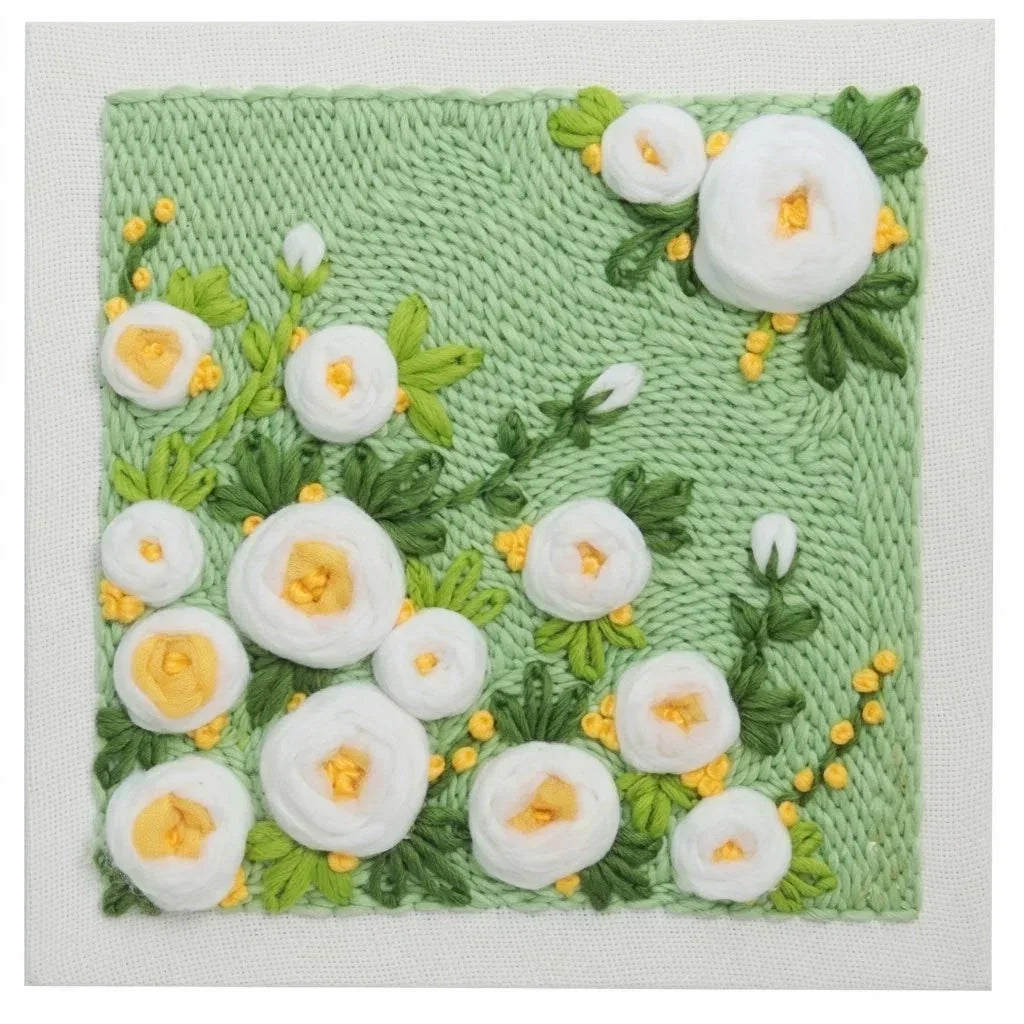 Calivra Craft Flower DIY Punch Needle Embroidery Kit with white floral design on green fabric