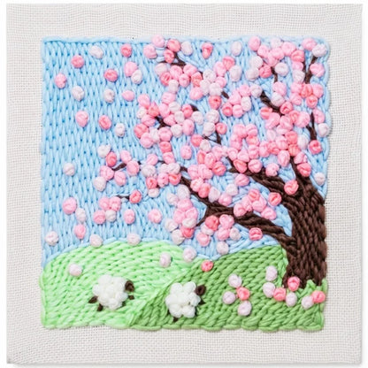 Calivra Craft DIY embroidery kit featuring a 3D textured cherry blossom landscape.