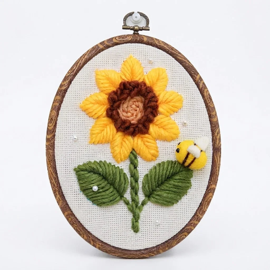Calivra Craft sunflower and bee punch needle embroidery kit in an oval wooden frame