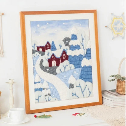 DIY Wool Felt Embroidery Kit featuring a snowy winter landscape in a wooden photo frame.