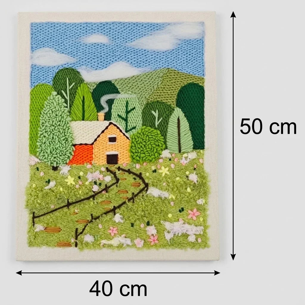 Cabin in the woods punch needle embroidery kit featuring a landscape with a cottage and hills.