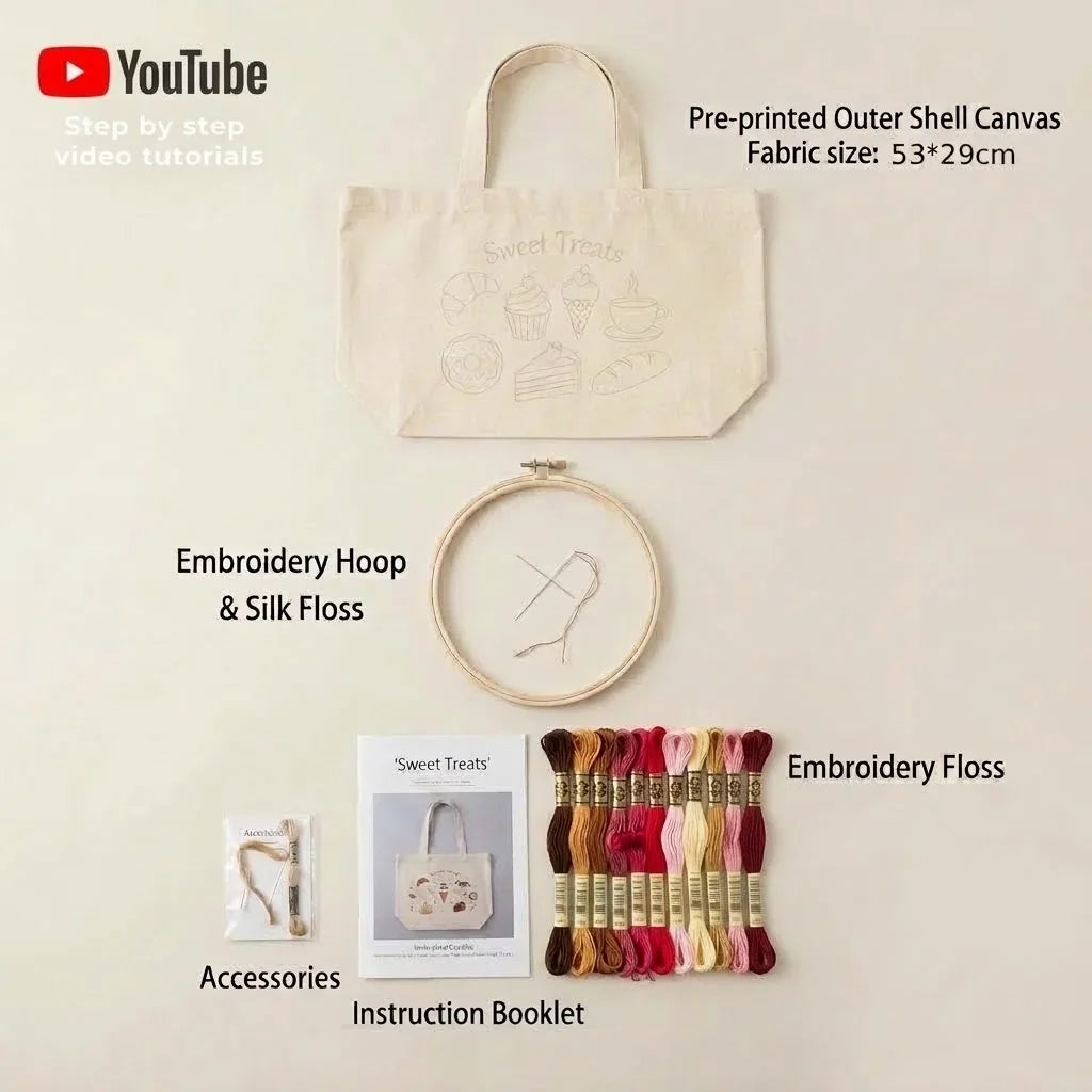 Dessert DIY embroidery kit with pre-printed canvas bag, hoop, silk floss, and accessories.