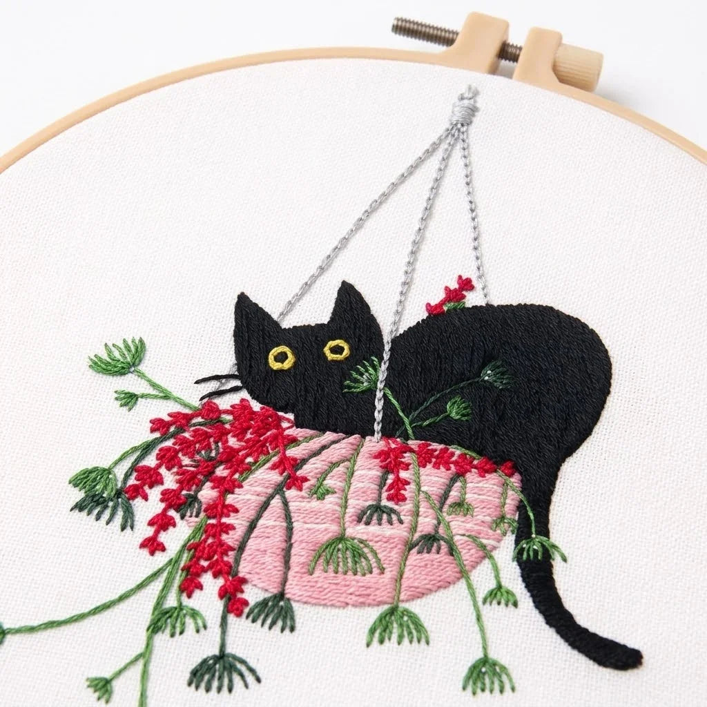 Embroidery hoop featuring a black cat in a pink floral hanging basket.