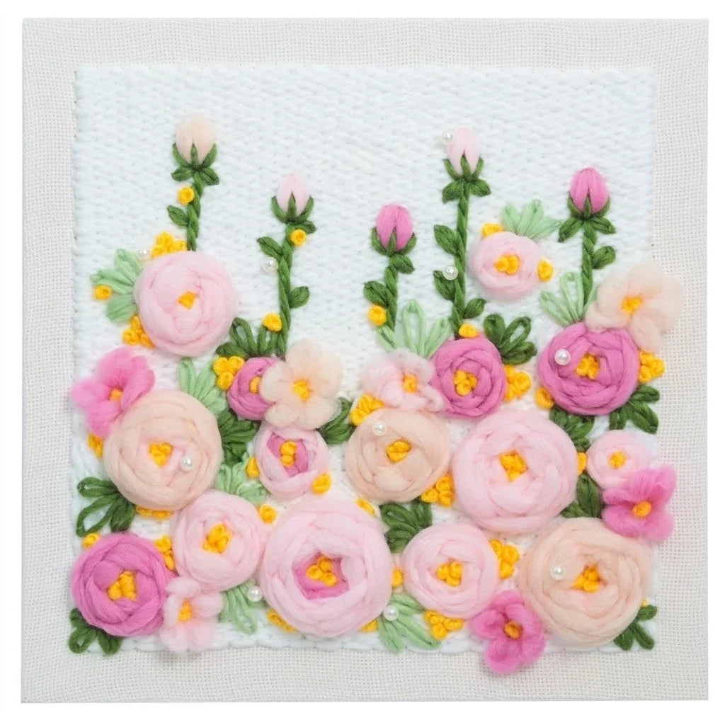 Calivra Craft pink and yellow 3D flower punch needle embroidery kit on white fabric