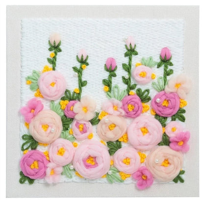 Calivra Craft pink and yellow 3D flower punch needle embroidery kit on white fabric