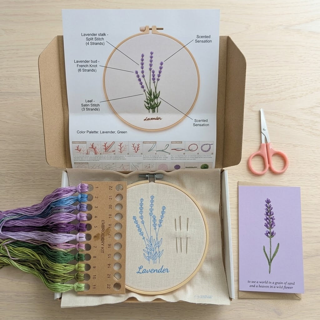 Lavender embroidery kit with hoop, floral patterns, thread, and pink scissors.