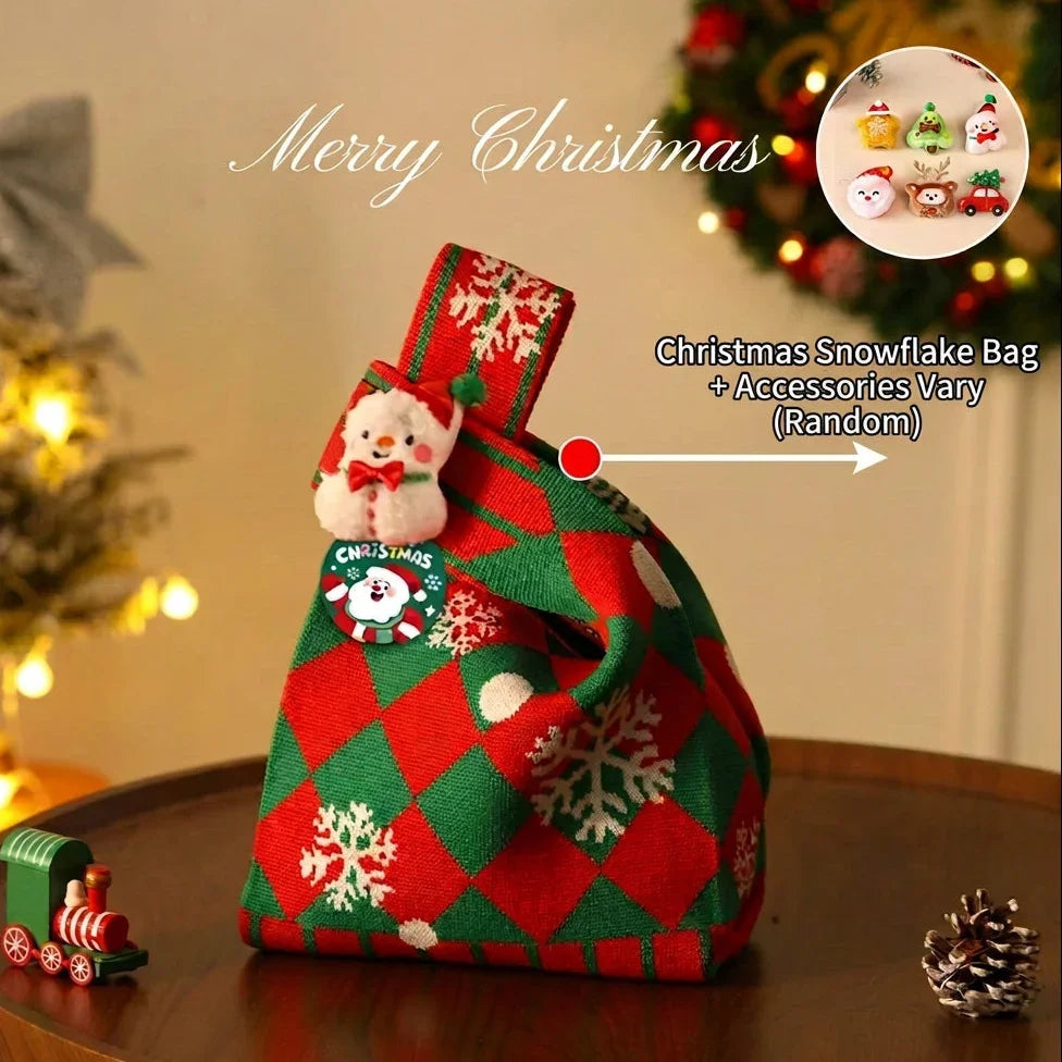Christmas knitted red and green snowflake pattern gift bag with a snowman charm