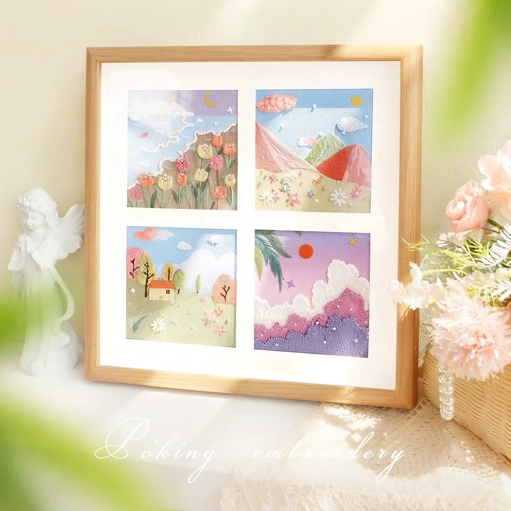 Four landscape DIY embroidery painting kits in a wooden frame featuring floral and nature scenes.