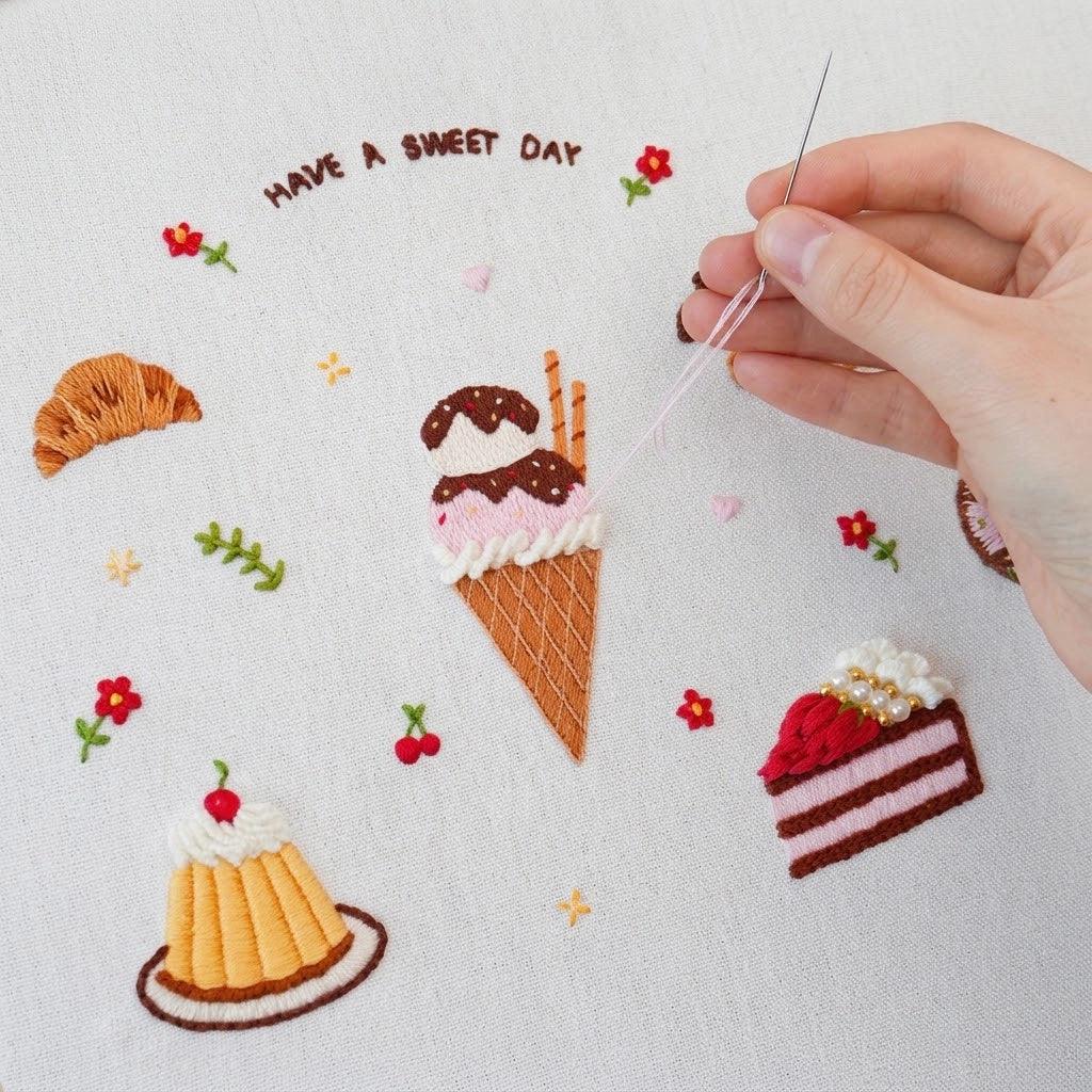 Hand embroidering a dessert DIY kit from Calivra Craft featuring an ice cream cone and cake.