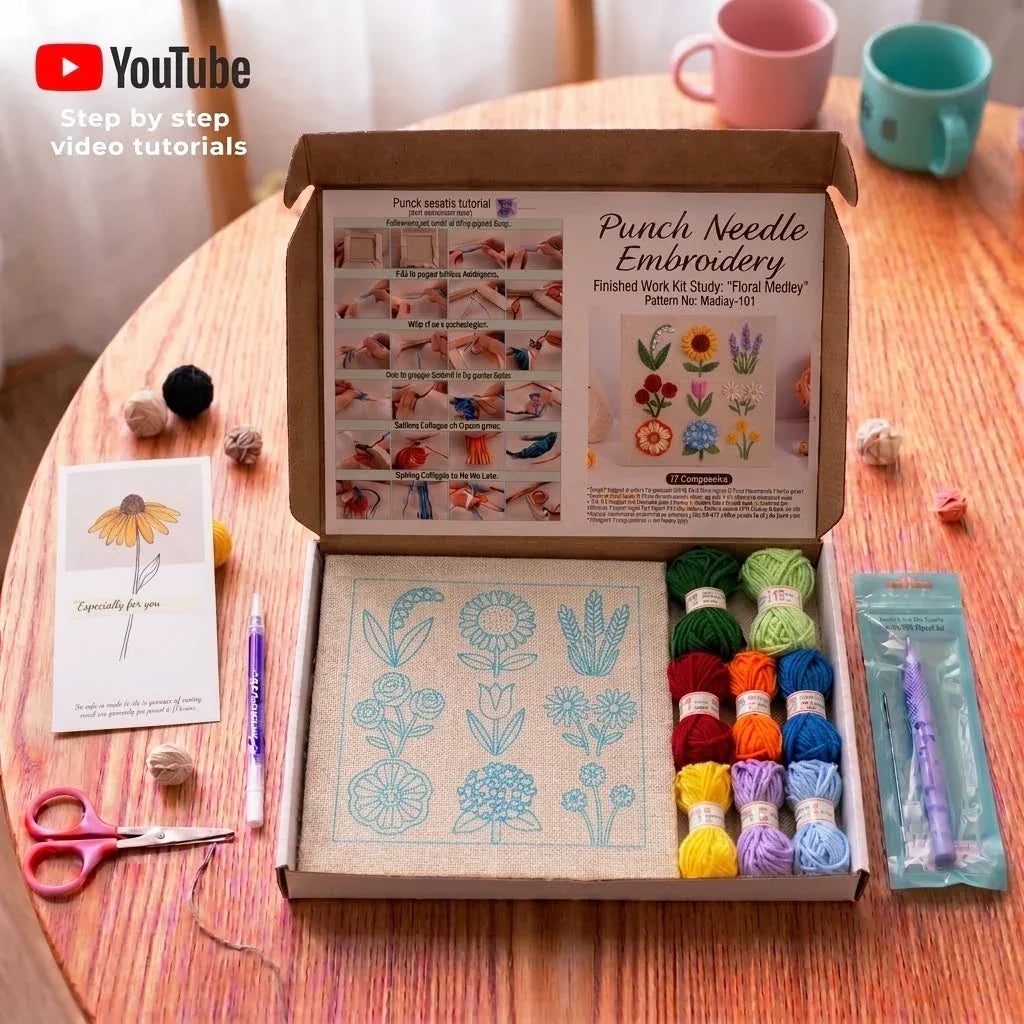 Calivra Craft Punch Needle Embroidery Floral Medley Kit for beginners with yarn and tools.