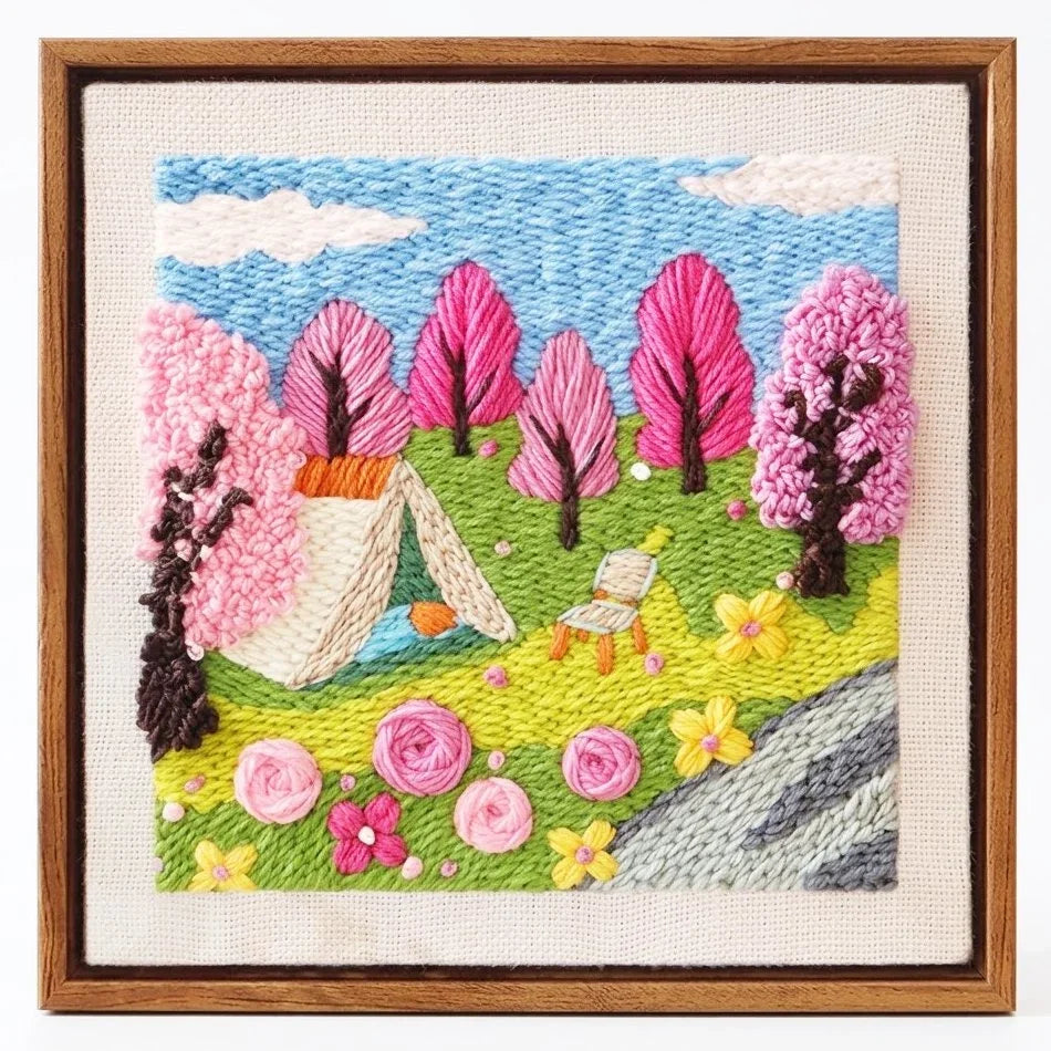 Four Seasons DIY punch needle embroidery kit featuring a landscape with pink trees and a tent.