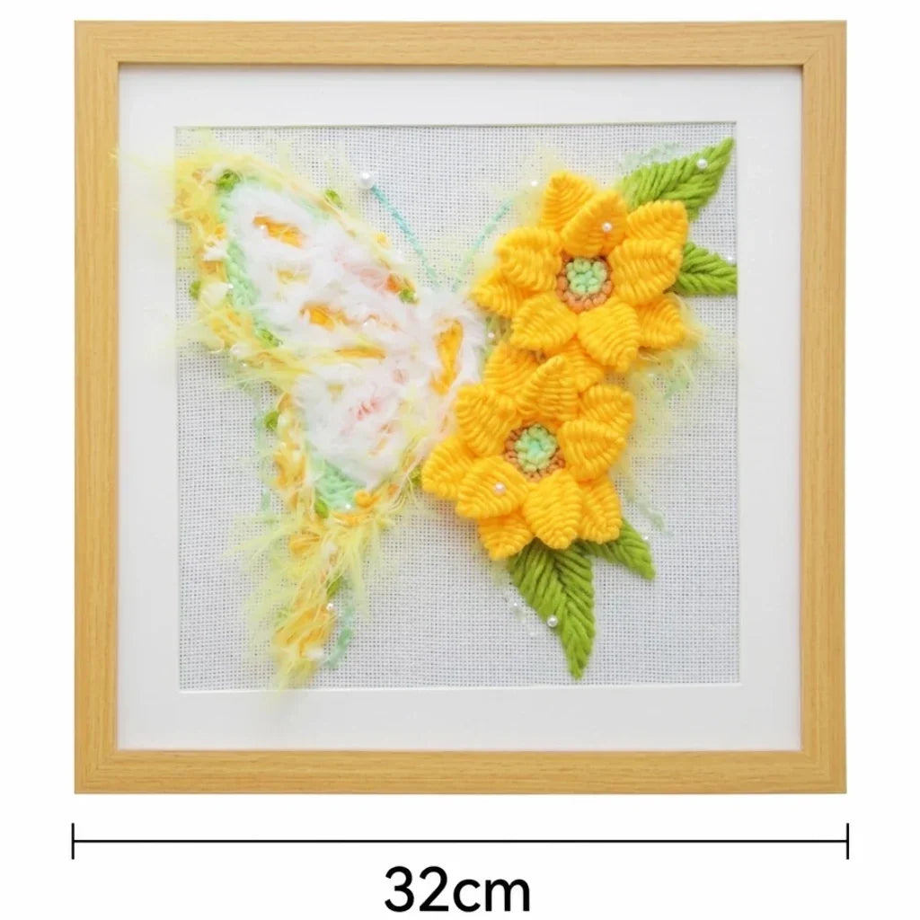 Butterfly DIY embroidery kit with yellow flowers and textured yarn art in a wooden frame.