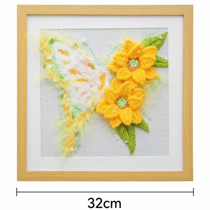 Butterfly DIY embroidery kit with yellow flowers and textured yarn art in a wooden frame.
