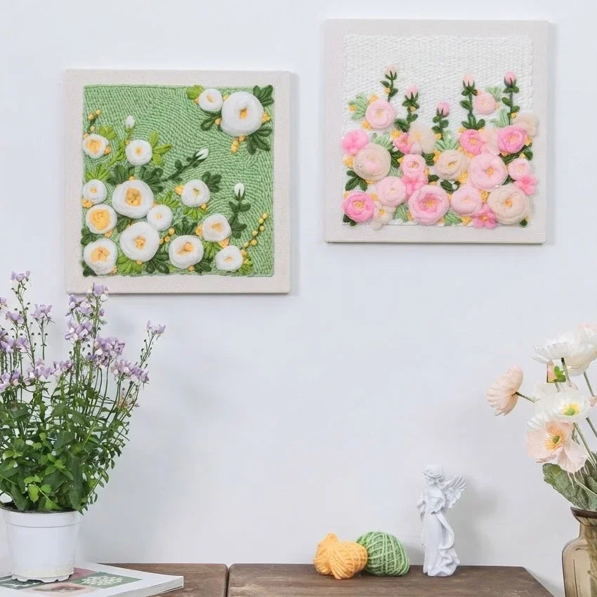 Calivra Craft flower punch needle embroidery kits featuring white and pink floral designs.