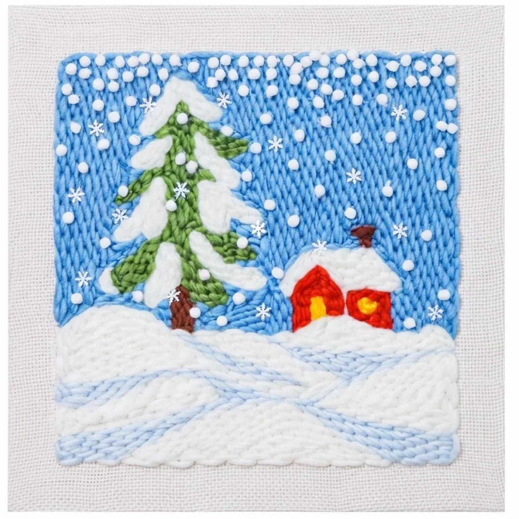 Winter landscape embroidery kit by Calivra Craft featuring a snowy tree and small red house.