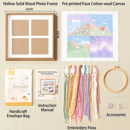 Landscape DIY embroidery painting kit with frame, canvas, floss, and accessories.