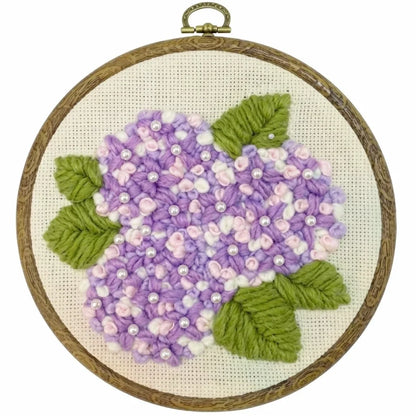 Flower DIY Punch Needle Embroidery Material Kit with purple blossoms and green leaves