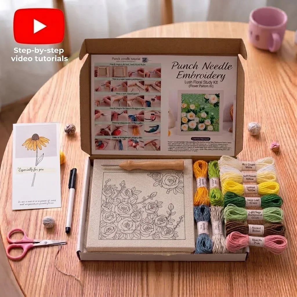 Calivra Craft Flower DIY punch needle embroidery material kit with colorful yarn and tools.