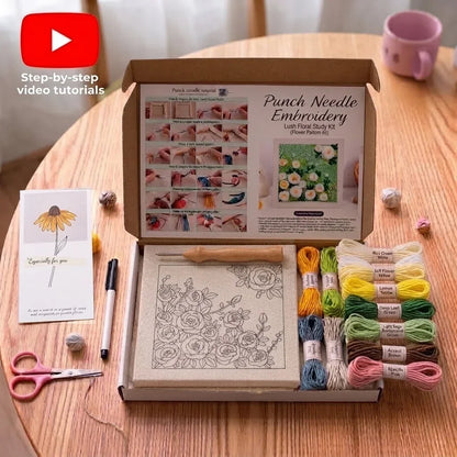 Calivra Craft Flower DIY punch needle embroidery material kit with colorful yarn and tools.