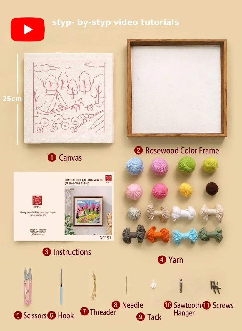 Calivra Craft DIY Punch Needle Embroidery Kit with canvas, rosewood frame, yarn, and tools.