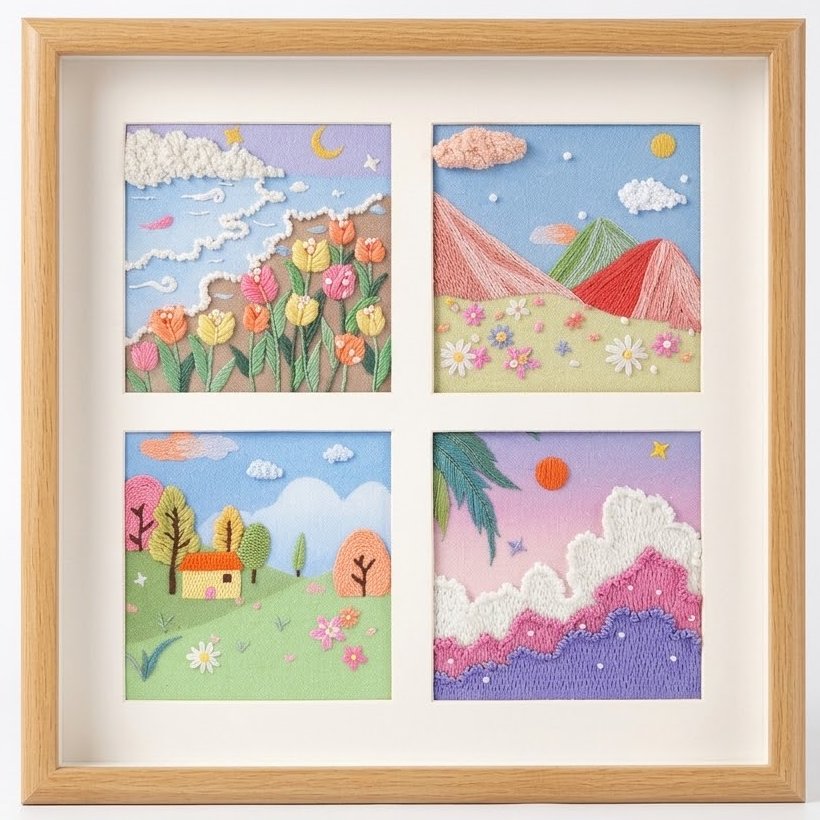 Four colorful landscape embroidery DIY kits in a wooden frame featuring mountains and flowers.