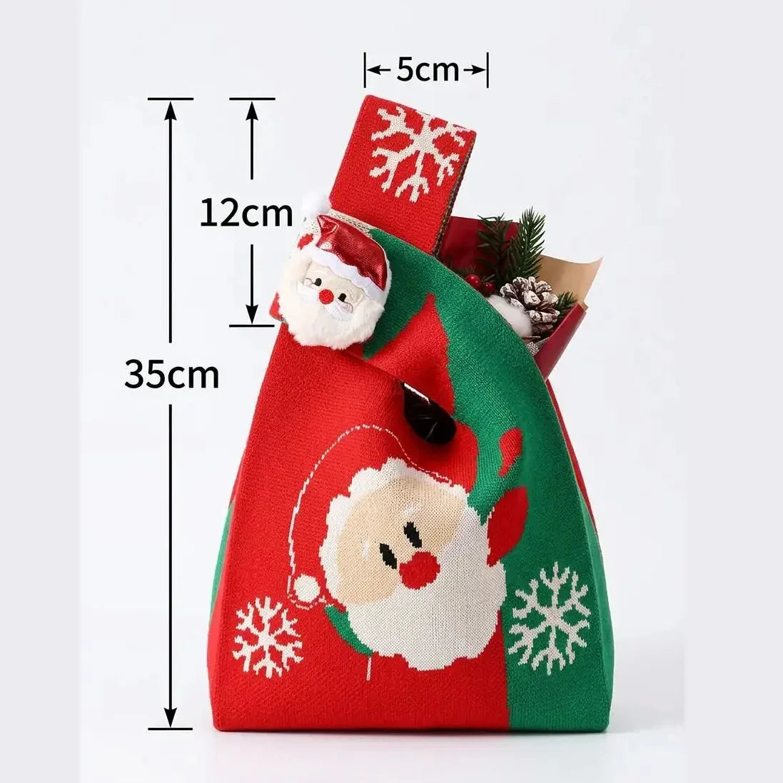 Red and green Christmas knitted gift bag with Santa Claus pattern and 35cm height.