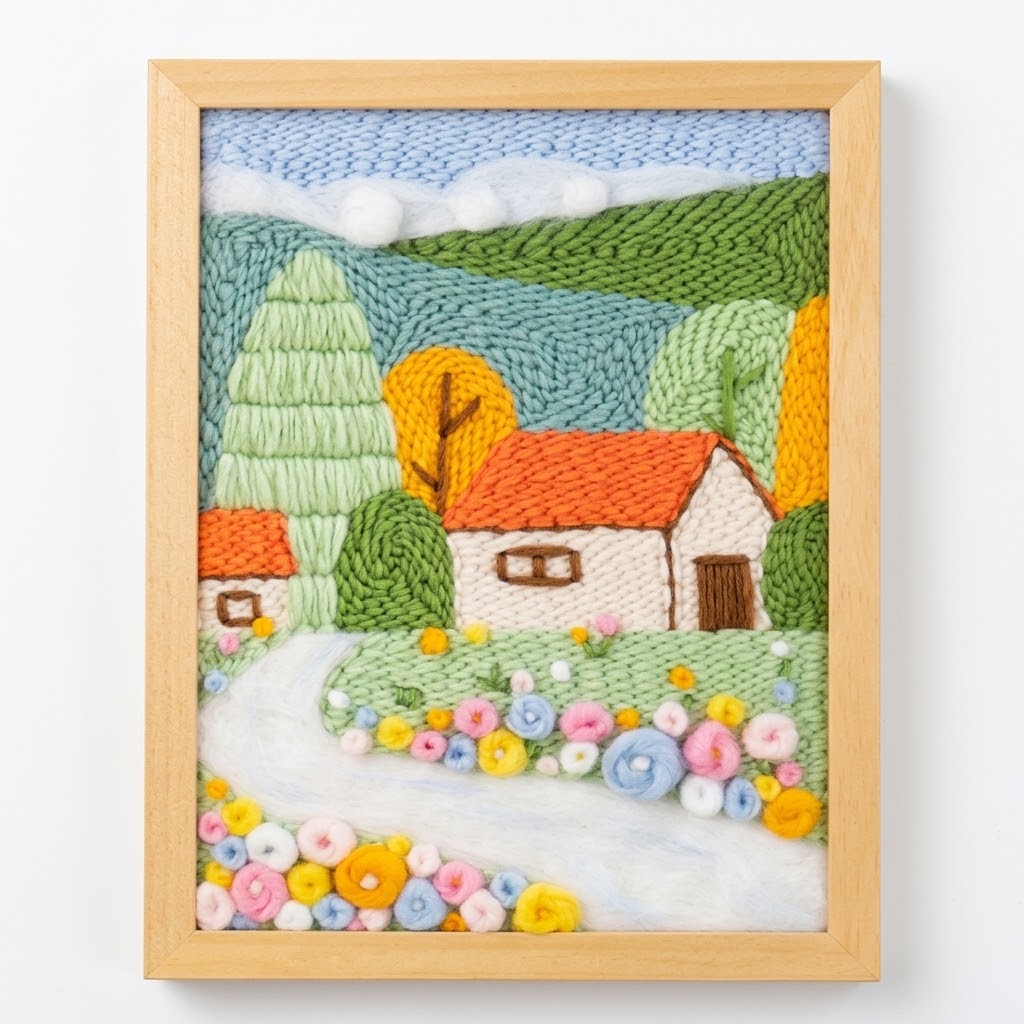 Sunny Cottage Punch Needle Kit by Calivra Craft featuring a colorful landscape art piece.