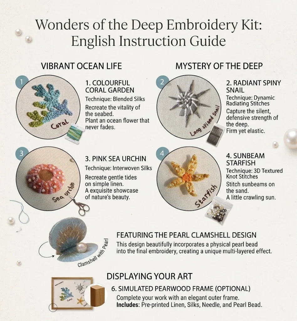 English instruction guide for Wonders of the Deep embroidery kit with ocean life patterns.